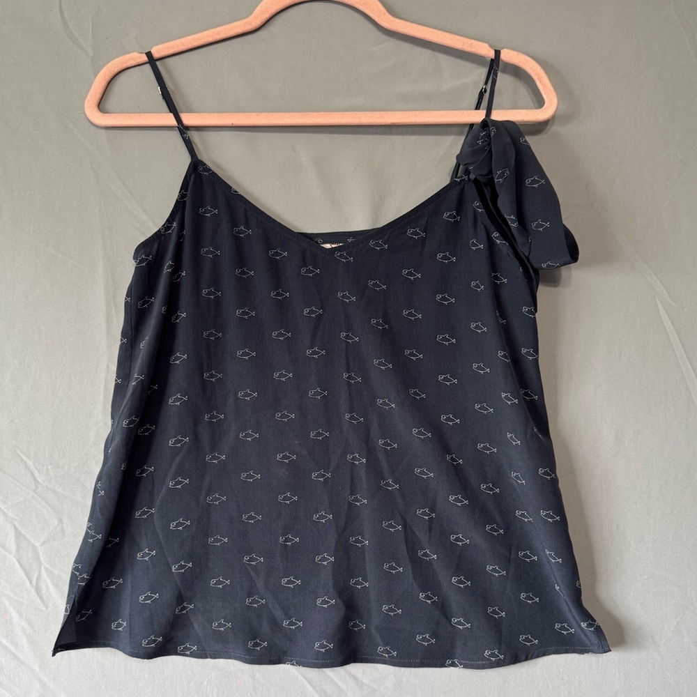 AG Adriano Goldschmied Womens Cami Top Size XS Navy Blue Fish Print Quiet Luxury